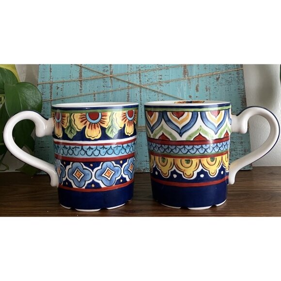 2 Maxcera Coffee Mugs Talavera Mosaic X-Large 16oz Hand Crafted Blue Colorful - Picture 1 of 8